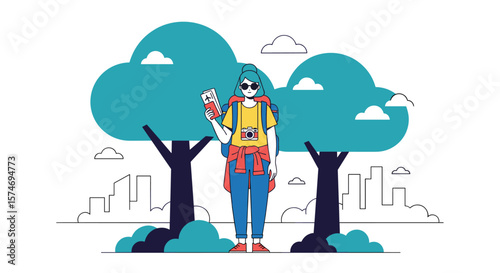 Young adventurous traveler with backpack and camera exploring the outdoors