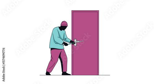 Criminal attempts to pick the lock on a closed door with tools in a stealthy operation