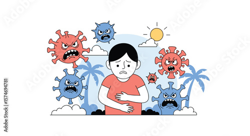A person suffering from stomach pain surrounded by cartoon viruses under a sunny sky with palm trees suggesting a vacation illness or food poisoning