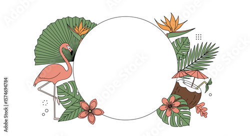 Tropical paradise exotic flowers flamingo coconut drink and green leaves frame design for summer vacation and celebration