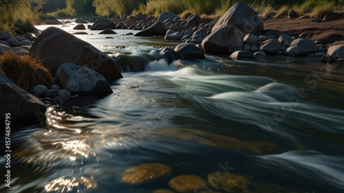 A serene river flows swiftly through a rocky landscape, illuminated by sunlight