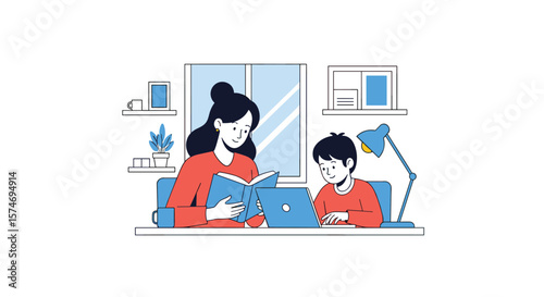 A mother and child engaged in a focused learning session at home with educational materials and technology