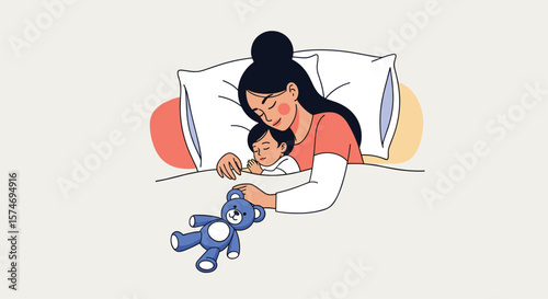 A tender moment of maternal love as mother cradles sleeping child with beloved blue teddy bear companion during peaceful nighttime slumber