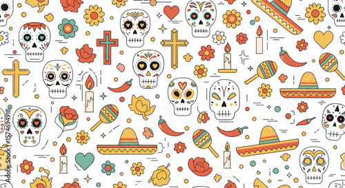 Vibrant day of the dead sugar skull and festive celebration icons pattern