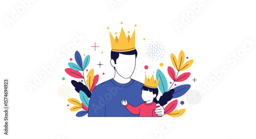 Father and son celebrating together with crowns symbolizing royalty and love family bond