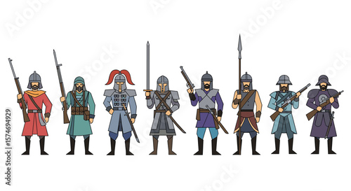 A diverse collection of warriors in traditional historical battle attire displayed against a white background