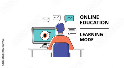 Online education learning mode student working on computer with communication icons and graphs representing digital learning and knowledge acquisition