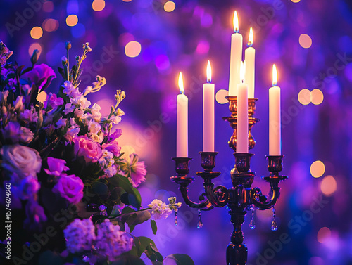 A close-up of a candelabra with lit white candles next to a bouquet of pink and white flowers, all set against a blurry purple background with bokeh lights.