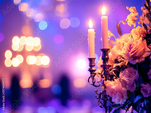 A close-up of a candelabra with lit white candles next to a bouquet of pink and white flowers, all set against a blurry purple background with bokeh lights.