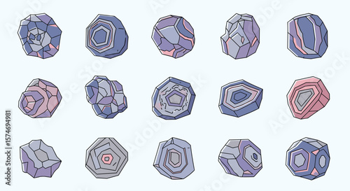 A collection of beautifully rendered geodes and crystalline structures showcasing a variety of purple blue and pink hues