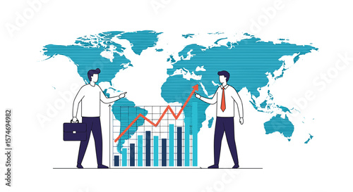 Global business growth analysis with financial charting and international world map background illustration