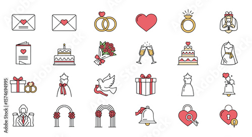 Collection of wedding related icons featuring rings hearts envelopes cakes and celebrations