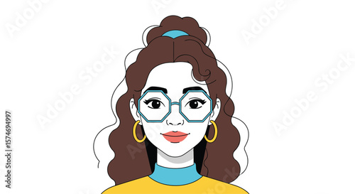 A stylized portrait of a young woman with tousled brown hair and chic geometric eyeglasses sporting a teal mock neck and yellow top with large hoop earrings