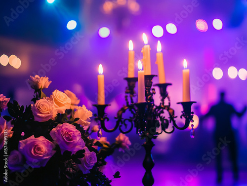 A close-up of a candelabra with lit white candles next to a bouquet of pink and white flowers, all set against a blurry purple background with bokeh lights.