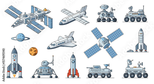 Collection of futuristic spacecraft and robotic exploration vehicles for cosmic discovery and interstellar travel adventures