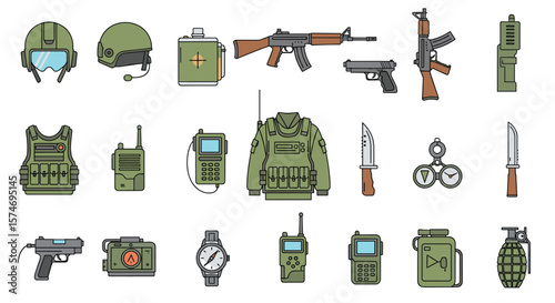 Collection of military equipment and combat gear icons featuring weapons and communication devices