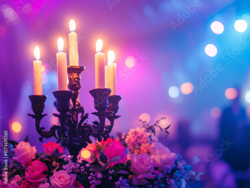 A close-up of a candelabra with lit white candles next to a bouquet of pink and white flowers, all set against a blurry purple background with bokeh lights.