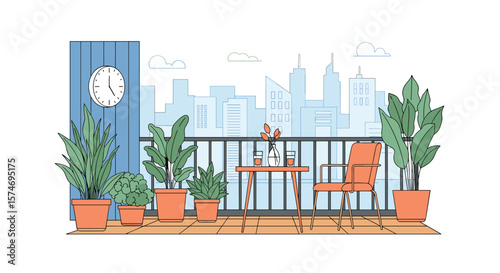 A peaceful city balcony oasis filled with lush green plants and a cozy seating area overlooking skyscrapers