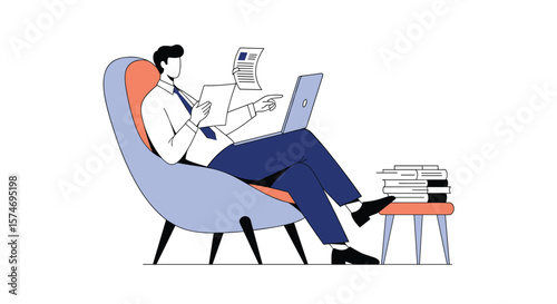 Modern professional working remotely with laptop and documents in comfortable chair while reading book stack on table