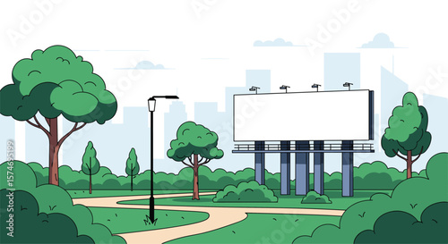A large empty billboard stands tall in a public park surrounded by lush green trees and pathways with a city skyline in the distance on a bright sunny day