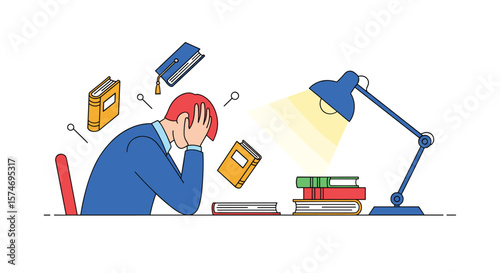 Overwhelmed student struggling with academic pressure and intense study sessions leading to exhaustion and mental fatigue during late night learning