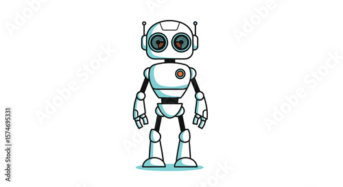 A charming cartoon illustration of a small white robot with big round eyes and antennae standing on a white background ready for action