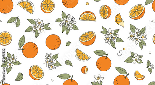 Whimsical hand drawn citrus oranges and blossoms seamless pattern for fruitful designs