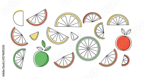 Vibrant collection of fresh citrus fruit slices and whole fruits hand drawn illustration style for health and refreshment