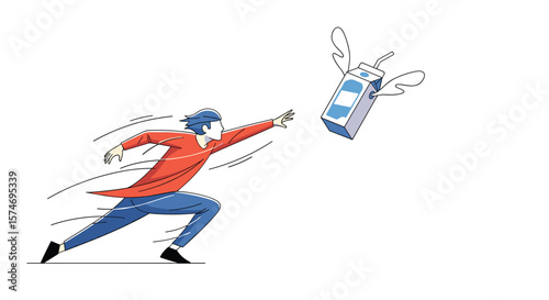 Dynamic illustration of a determined person in pursuit of a flying object symbolizing ambition or opportunity