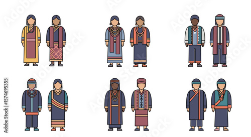 Illustrations showcasing diverse traditional clothing worn by men and women from various cultural backgrounds and geographical regions around the world