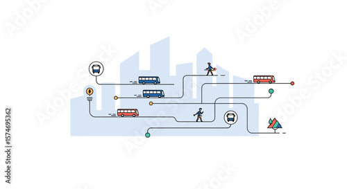 Visualizing public transportation routes and city commuting networks with bus and pedestrian icons