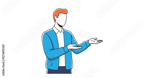 Man in blue jacket gesturing with open hands presenting an idea or concept with a clean white background