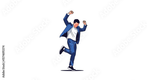Excited businessman celebrating success with joyful dance moves and raised fists in a professional setting