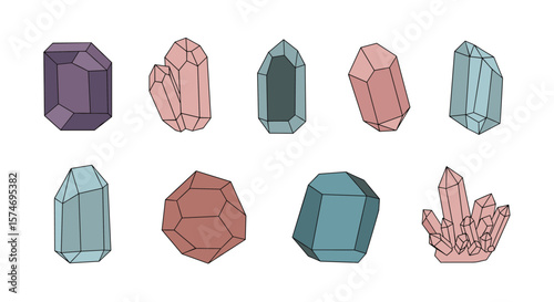Collection of diverse geometric crystal forms and mineral structures displayed on white background