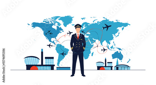 Pilot standing in front of a world map with airplanes and airports symbolizing global aviation and travel industry