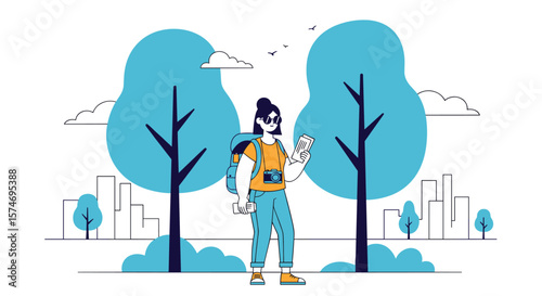 Young woman exploring city park with map and camera enjoying outdoor activities