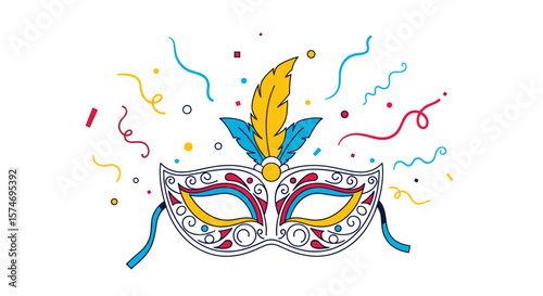 Elegant decorative masquerade mask adorned with feathers and confetti for festive celebrations and venetian carnivals