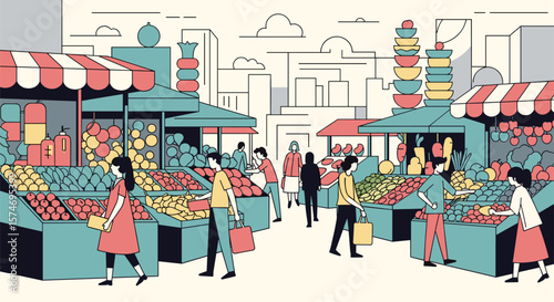 Diverse group of people browsing fresh produce and goods at bustling outdoor market stalls under stylized city buildings