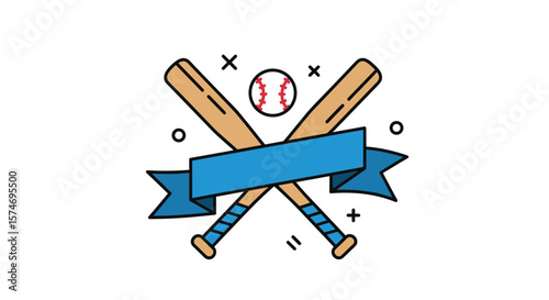 Iconic baseball design featuring crossed bats and a ball with a blue ribbon banner for sports events and competitions