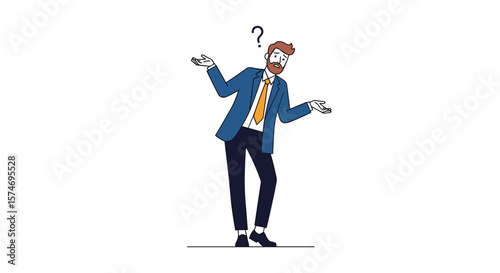 Confused businessman shrugging with question mark above his head showing uncertainty and lack of knowledge about a business problem