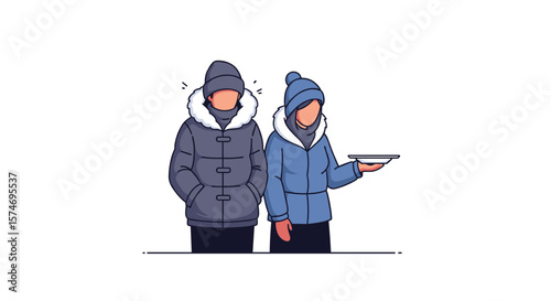 Two people in warm winter coats and hats are standing outside in the cold weather feeling the chill while one offers a small plate of food