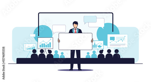Business professional presenting data analytics and financial reports to an audience during a virtual meeting or online seminar