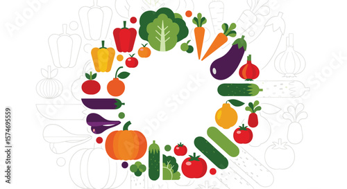 Healthy eating circle of fresh vegetables and fruits promoting nutritional well-being and a balanced diet for a vibrant lifestyle