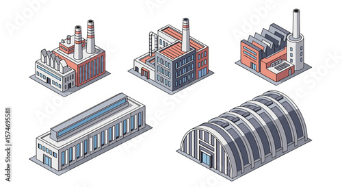 Collection of isometric pixel art industrial buildings and manufacturing plants for game design and urban development projects