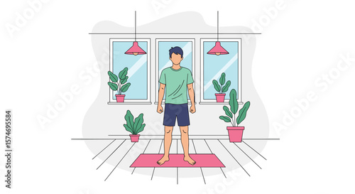 Man standing on yoga mat at home in front of windows with plants exercising