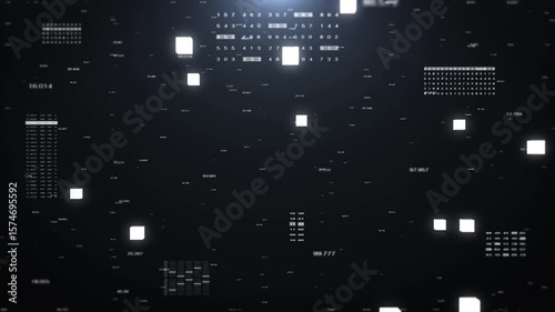 Technology digital decimal random code with data transferring fly through with glow white cubic big data center 4K motion background.