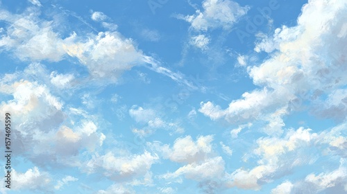 A painted depiction of a vast, bright blue sky filled with fluffy white clouds