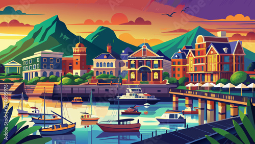 Victoria & Alfred Waterfront, South Africa – Harbor reflects Table Mountain and boats under golden hour light. Planted gardens add tranquil green accent.