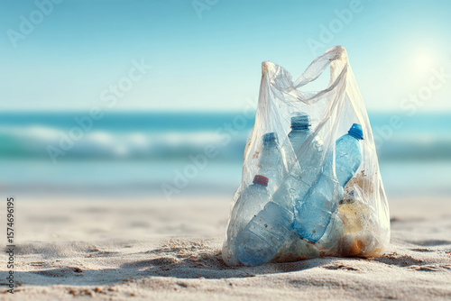 Plastic waste collected in bags after environmental cleanup on the beach