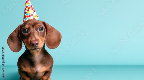 A happy dachshund dog sits on the right and celebrates his birthday wearing a party hat on a blue background. Birthday Banner. Joyful sausage dog birthday celebration festive headgear blue